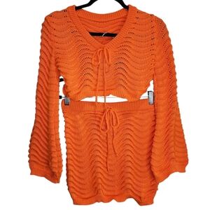 Orange Knit Sweater Skirt Set Womens Medium Top Bottom 2 Piece Outfit